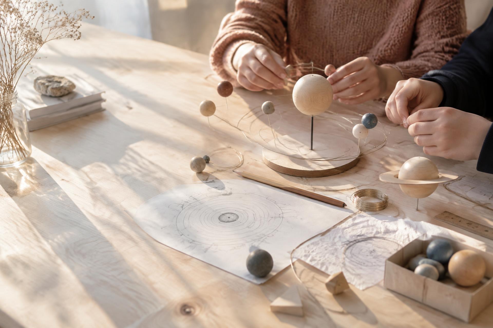 Hands building a model of the solar system together in natural morning light