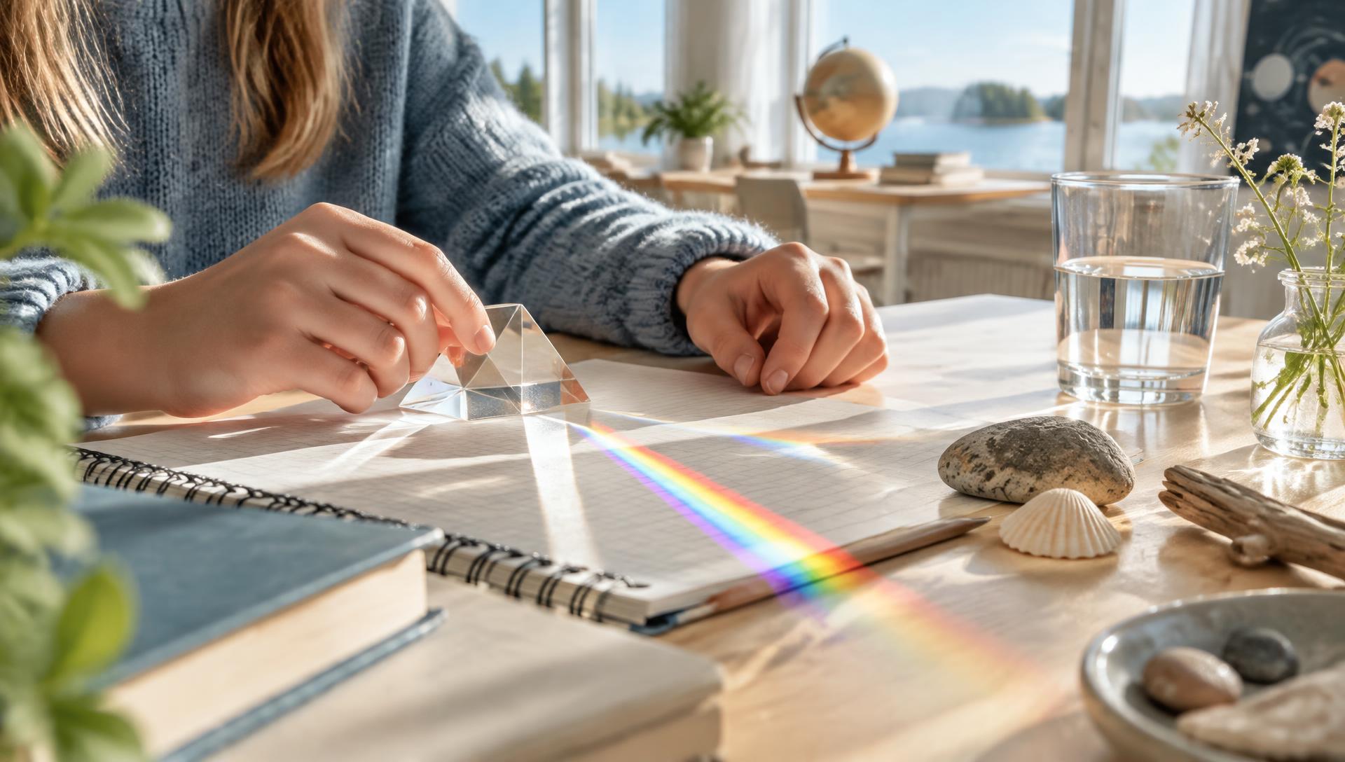 A prism splitting sunlight into a spectrum across a notebook